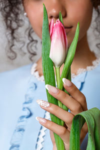 Close-up of woman hand holding flowering plant