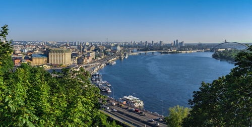 View of the dnieper river and the city of kyiv, ukraine, from the pedestrian bridge 