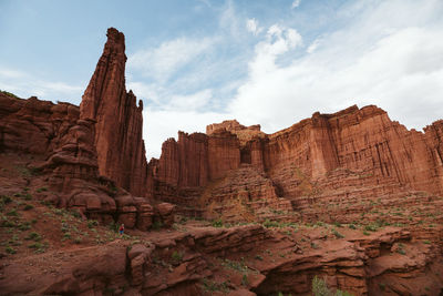 Low angle view of rock formations against sky