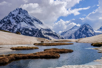 Scenic view of lake and snowcapped mountains against cloudy sky