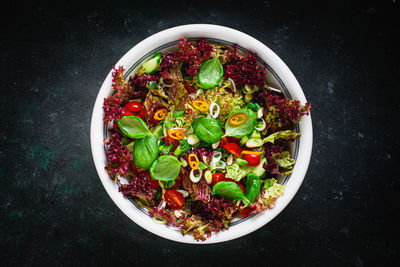 High angle view of salad in bowl on table