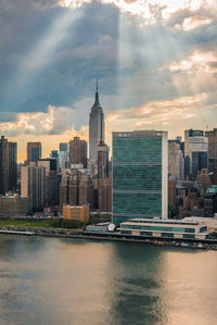 Buildings in new york city against cloudy sky