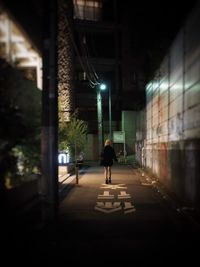 Rear view of man walking on street amidst buildings at night