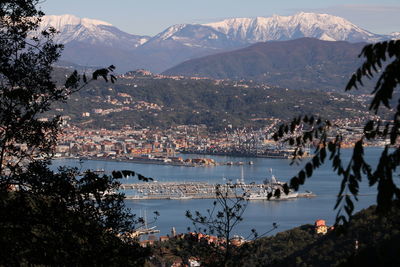 Panoramic view of buildings and mountains against sky