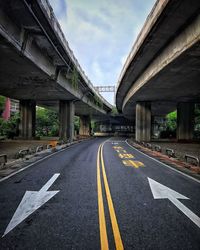 Road by bridge against sky in city