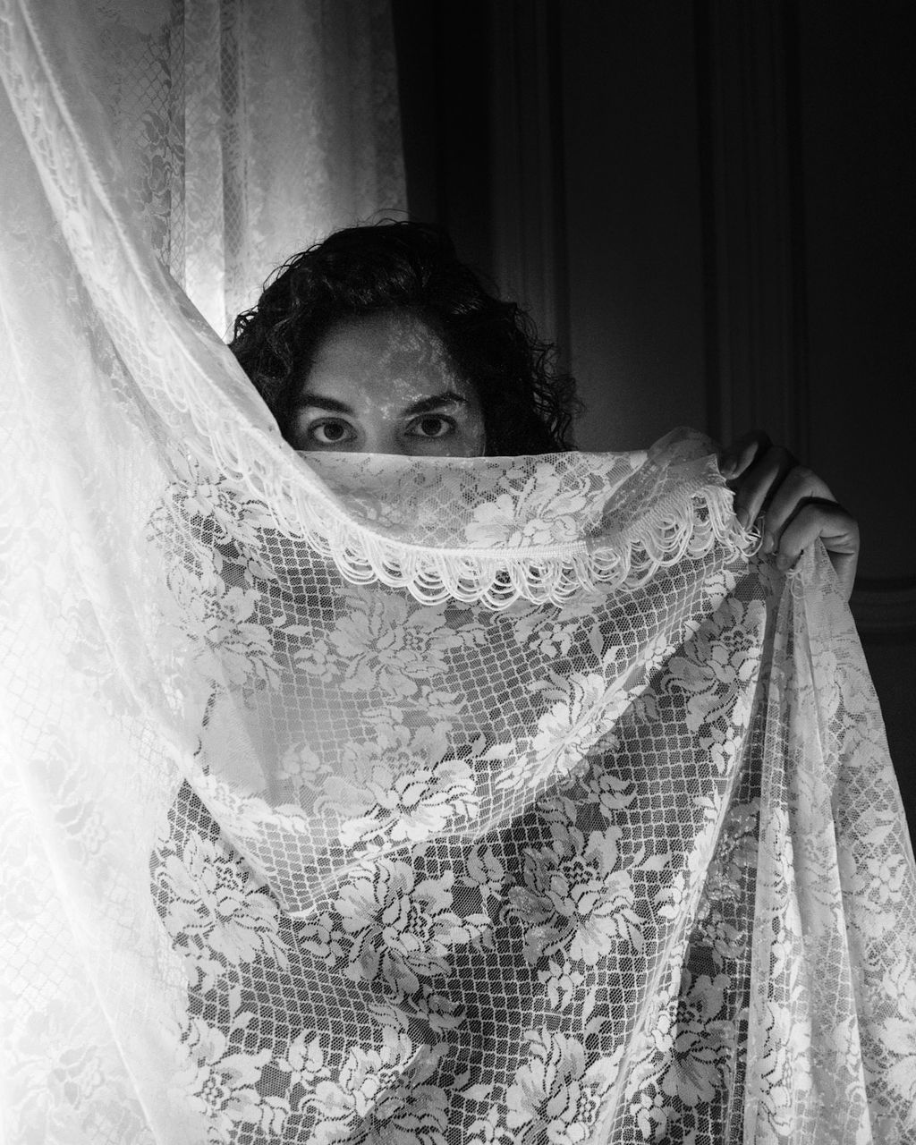 portrait, one person, black and white, adult, wedding dress, women, looking at camera, white, indoors, monochrome photography, veil, headshot, young adult, bride, black, monochrome, curtain, female, dress, person, front view, clothing, human face, hiding, emotion, textile, lifestyles