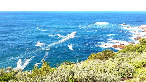 High angle view of sea against clear sky