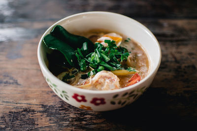 Close-up of soup in bowl on table