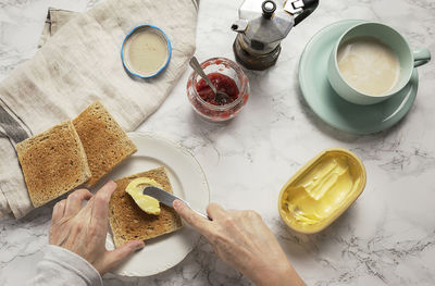 High angle view of breakfast on table