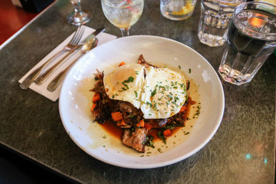 High angle view of food in plate on table