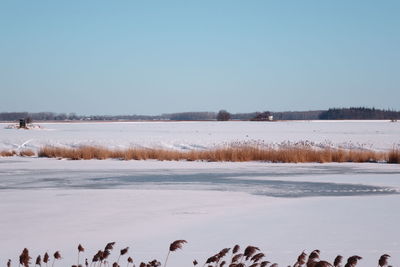 Scenic view of frozen lake against clear sky