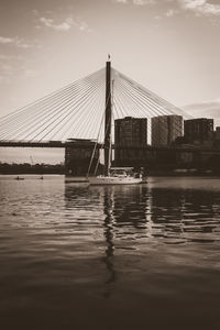 View of suspension bridge over river