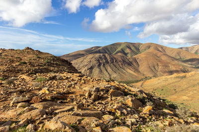 Panoramic view at landscape between betancuria and pajara on fuerteventura, spain