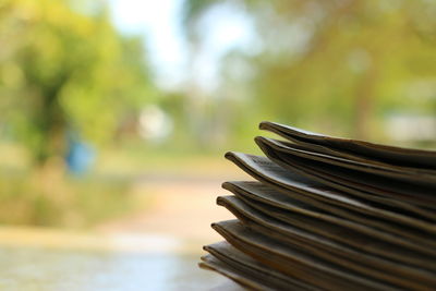 Close-up of stacked stack on table
