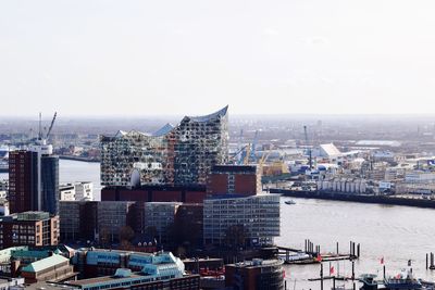 High angle view of city against clear sky