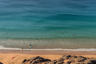 Surfers in turquoise water atlantic ocean in fuerteventura golden sand beach canary islands 