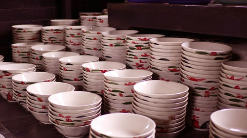 High angle view of tea cups on table
