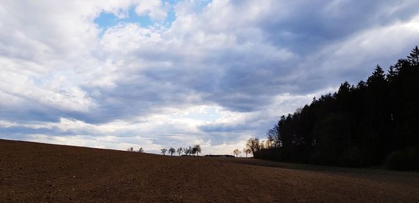 Panoramic view of road amidst trees on field against sky