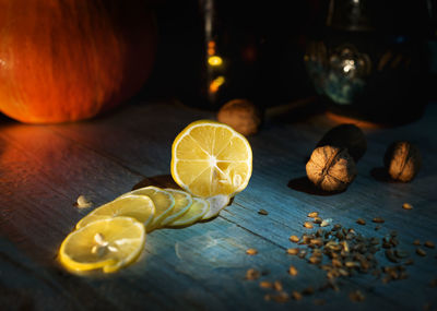 Close-up of fruits on table