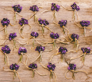 High angle view of purple flowers on hardwood floor