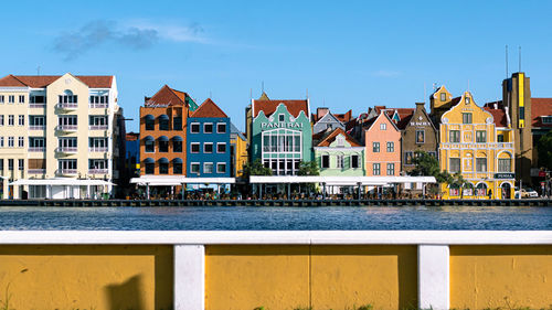 Buildings by river against clear blue sky