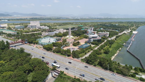 High angle view of road amidst buildings in city