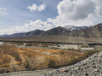 Scenic view of lake by mountains against sky