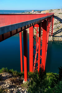 Red bridge over water against sky
