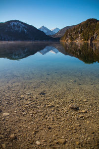 Scenic view of lake and mountains against clear blue sky