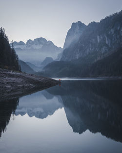 Scenic view of lake with mountains reflection against sky