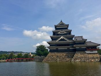 View of building by river against cloudy sky