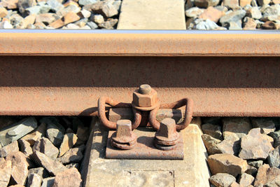 High angle view of stones on railroad track