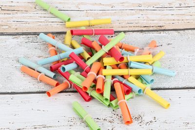 High angle view of multi colored pencils on table