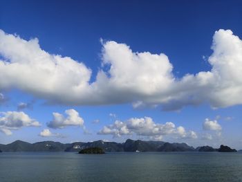 Panoramic view of sea against blue sky