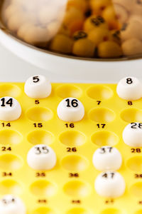 High angle view of yellow pencils on table