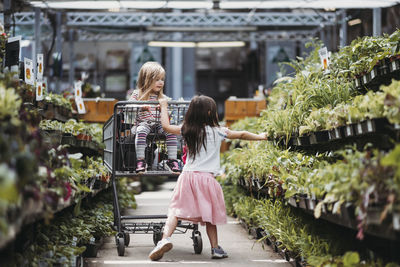 Sisters shopping at plant nursery