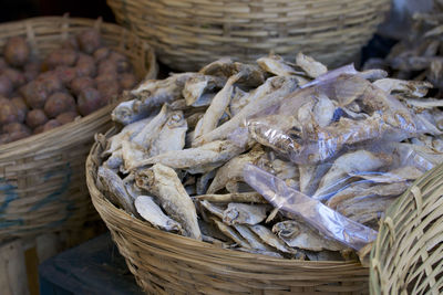 High angle view of vegetables in basket for sale at market stall