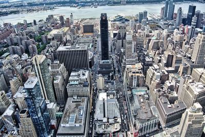 High angle view of modern buildings in city