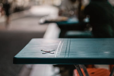 Social distancing marking on table in restaurant