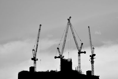 Low angle view of silhouette cranes against sky