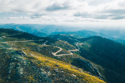 High angle view of mountain range against sky