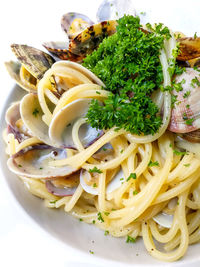 Close-up of noodles served with clams in plate