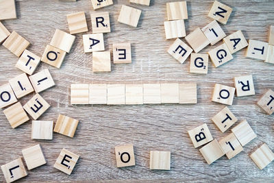 Directly above shot of text on wooden blocks