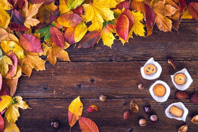 Directly above shot of autumn leaves with food on table