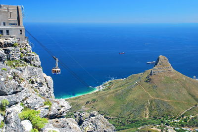 High angle view of overhead cable car at table mountain by sea