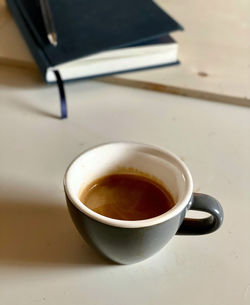 High angle view of coffee cup on table