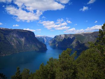 Scenic view of mountains against blue sky