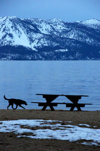 Scenic view of lake against snowcapped mountains during winter