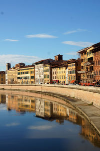 Reflection of buildings in river against blue sky