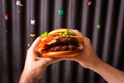 Close-up of hand holding burger